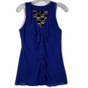 IZ Byer Royal Blue Ruffle Sleeveless Blouse with Black Lace Back Juniors M